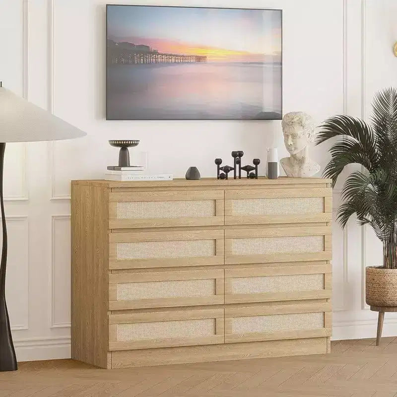 Commode 8 tiroirs en MDF et rotin 120 cm