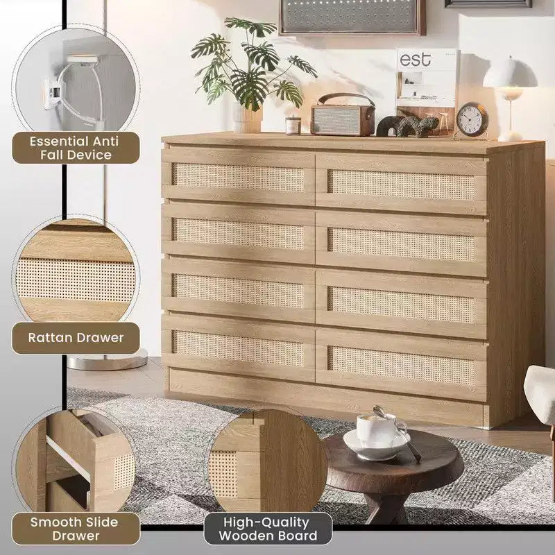 Commode 8 tiroirs en MDF et rotin 120 cm