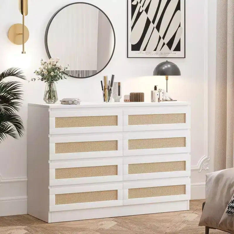 Commode 8 tiroirs en MDF et rotin 120 cm