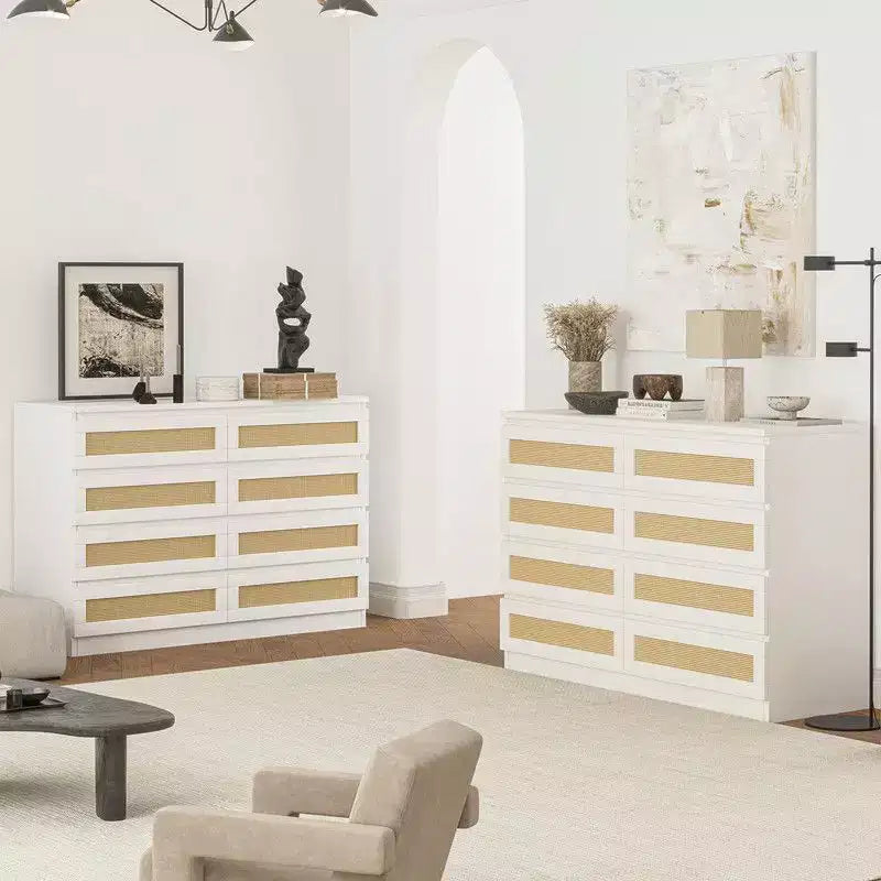 Commode 8 tiroirs en MDF et rotin 120 cm