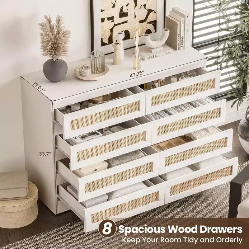 Commode 8 tiroirs en MDF et rotin 120 cm