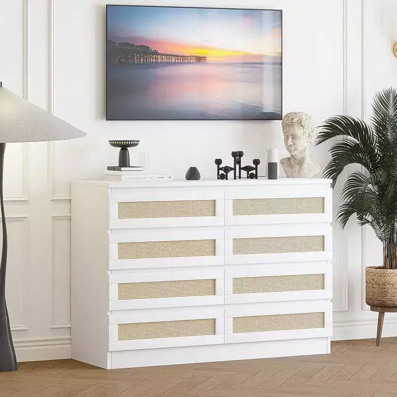 Commode 8 tiroirs en MDF et rotin 120 cm