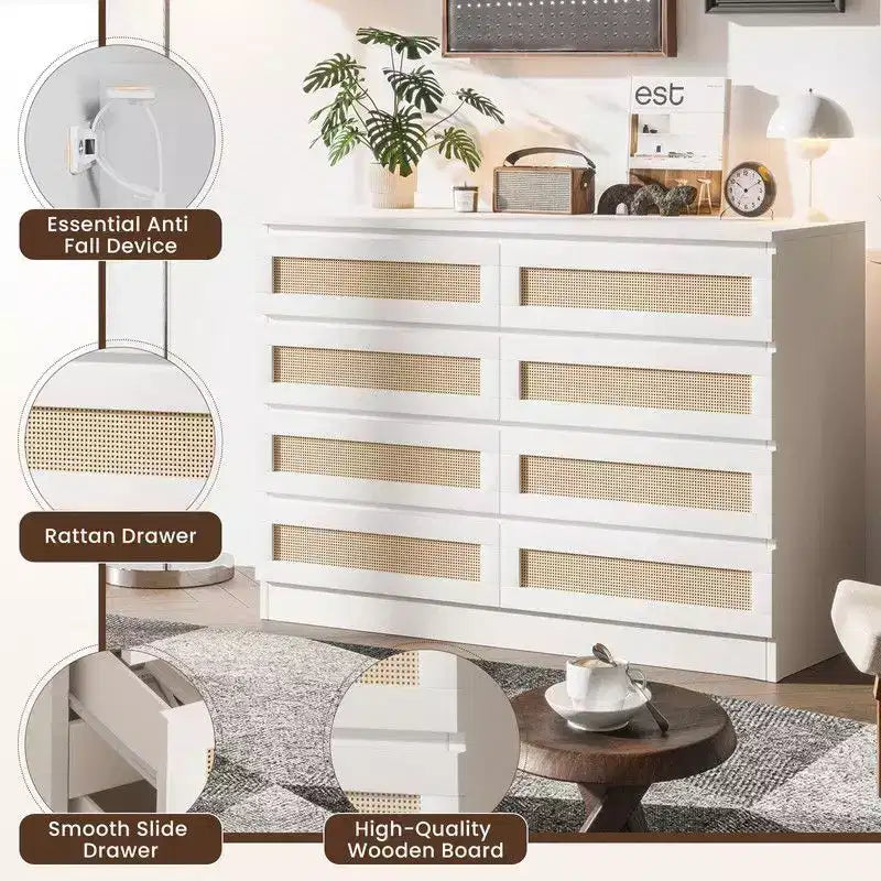 Commode 8 tiroirs en MDF et rotin 120 cm