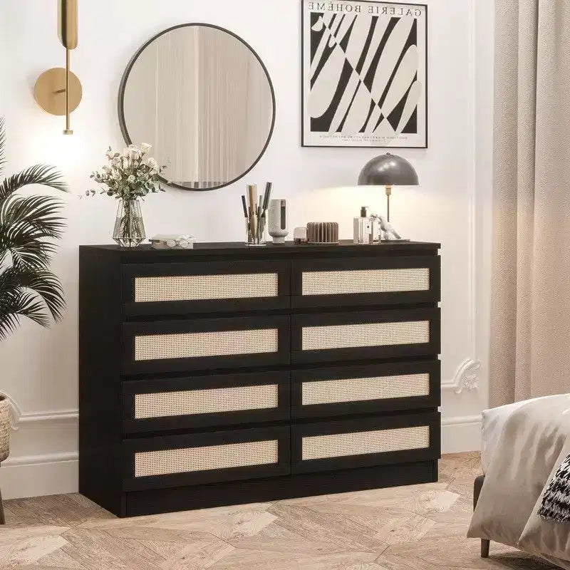 Commode 8 tiroirs en MDF et rotin 120 cm
