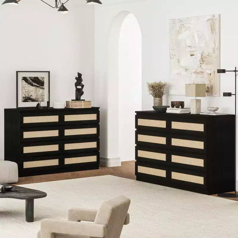 Commode 8 tiroirs en MDF et rotin 120 cm