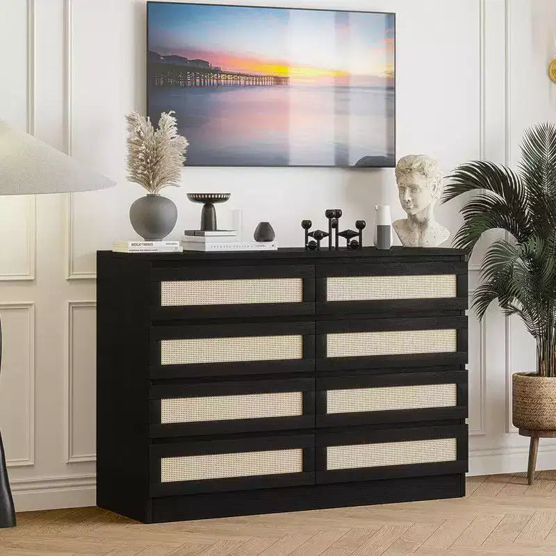 Commode 8 tiroirs en MDF et rotin 120 cm