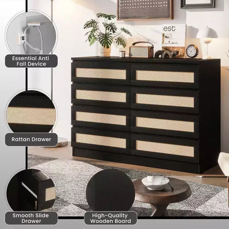 Commode 8 tiroirs en MDF et rotin 120 cm