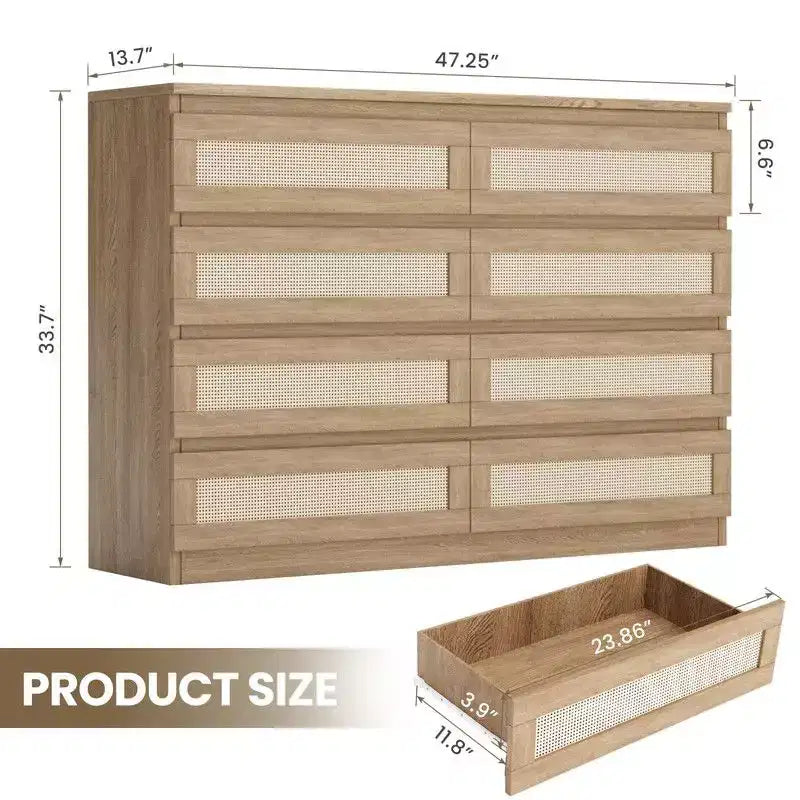 Commode 8 tiroirs en MDF et rotin 120 cm