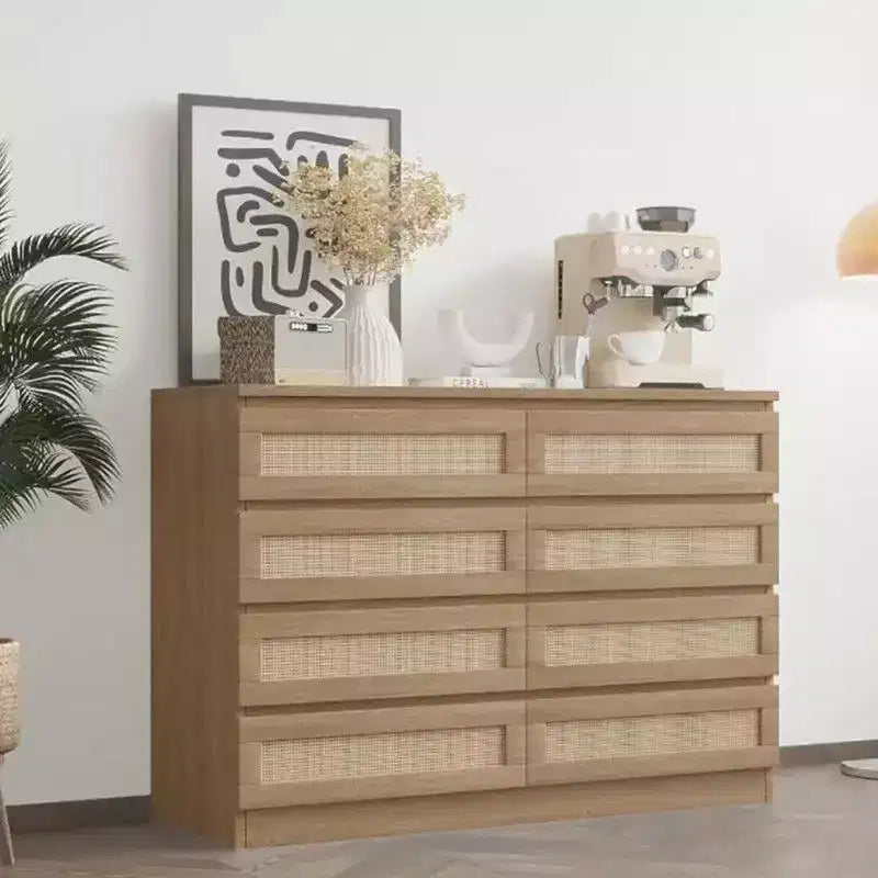 Commode 8 tiroirs en MDF et rotin 120 cm