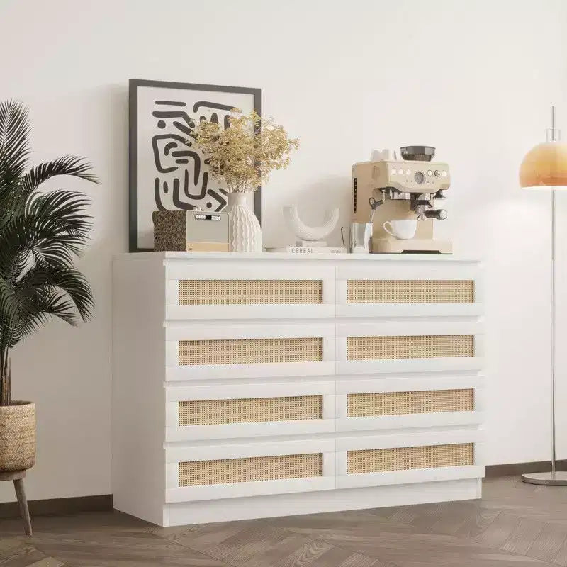 Commode 8 tiroirs en MDF et rotin 120 cm