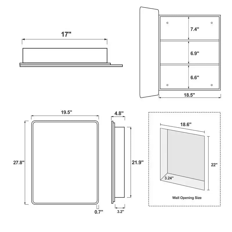 Armoire à pharmacie encastrée en acier inoxydable avec miroir 28''x20''