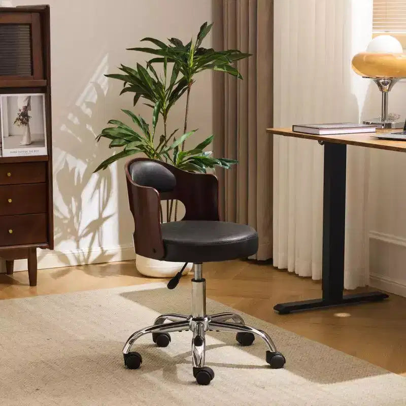 Fauteuil de bureau pivotant en bois et tissu avec dossier en anneau