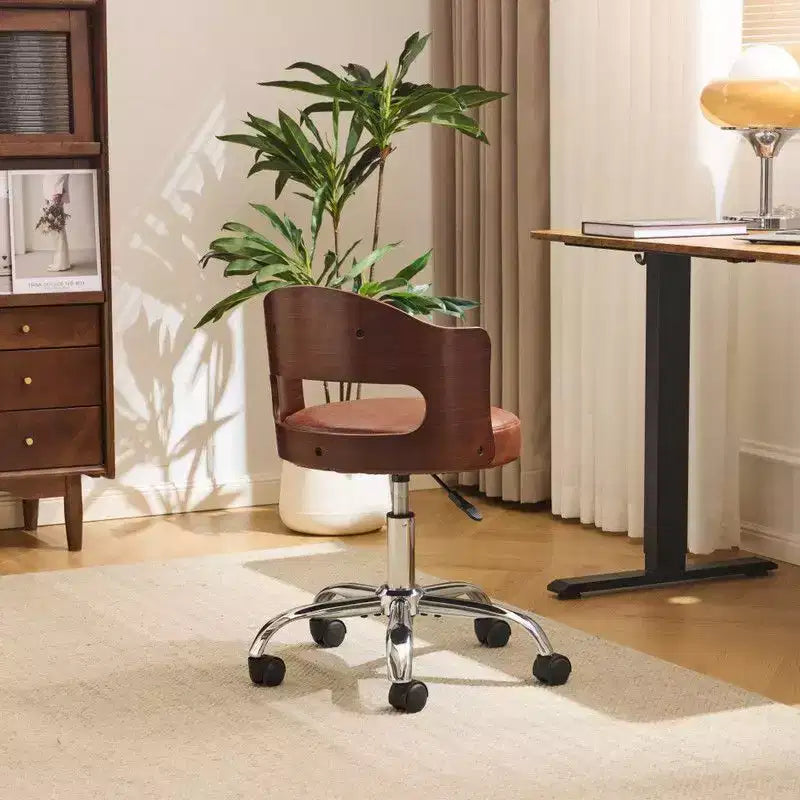 Fauteuil de bureau pivotant en bois et tissu avec dossier en anneau
