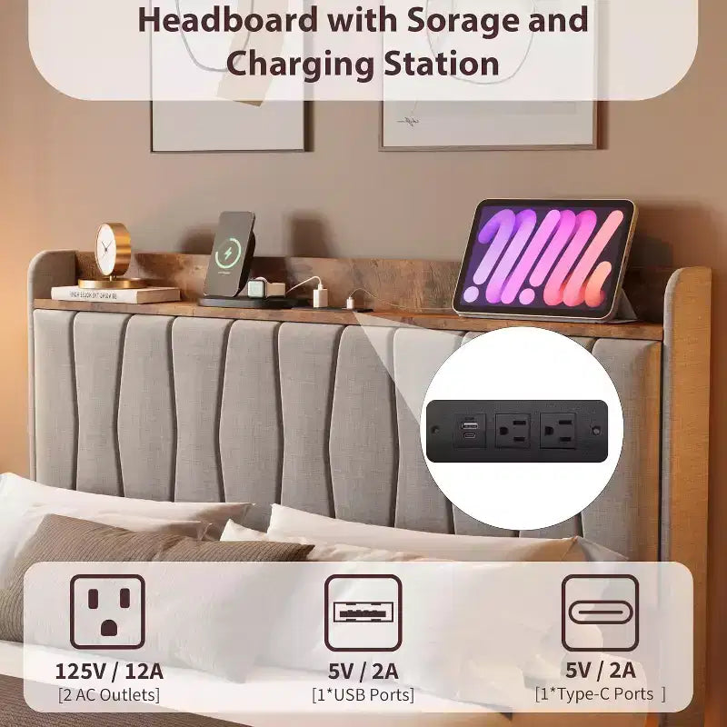 Cadre de lit plateforme en métal avec tête de lit rembourrée, lumières LED et station de charge