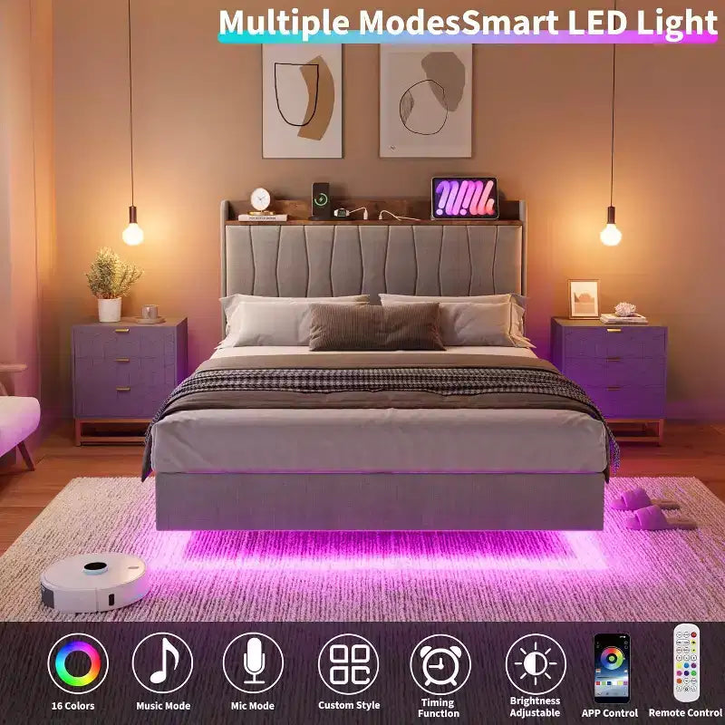 Cadre de lit plateforme en métal avec tête de lit rembourrée, lumières LED et station de charge