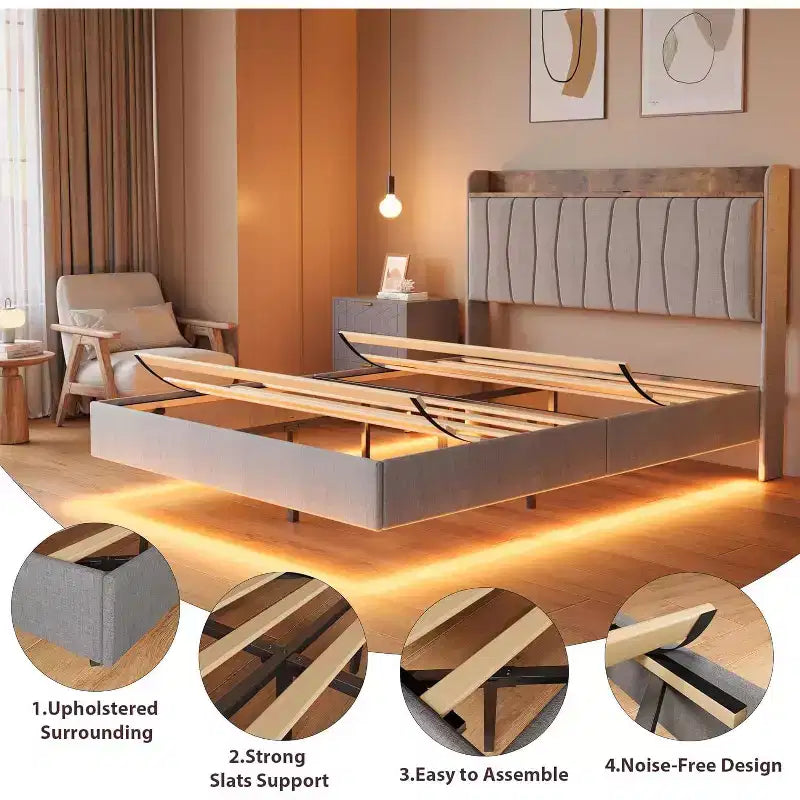 Cadre de lit plateforme en métal avec tête de lit rembourrée, lumières LED et station de charge