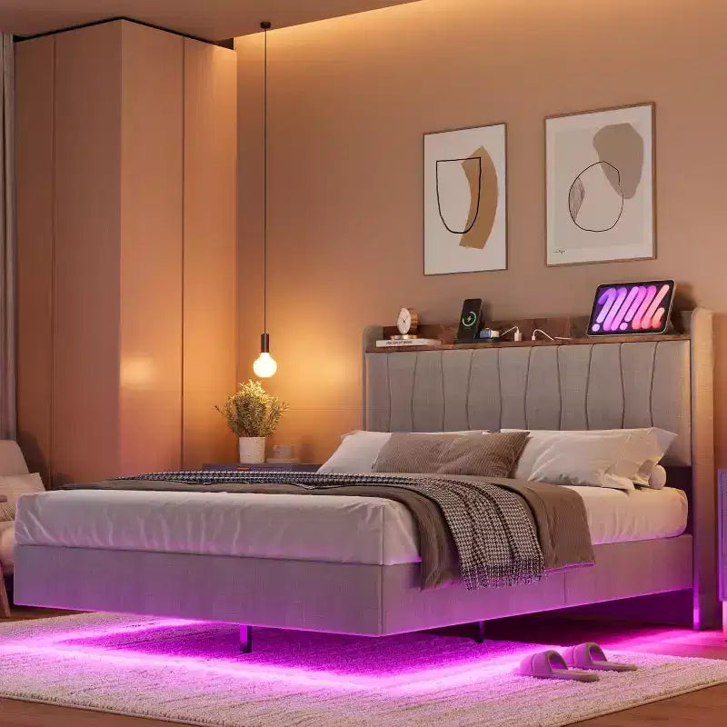 Cadre de lit plateforme en métal avec tête de lit rembourrée, lumières LED et station de charge