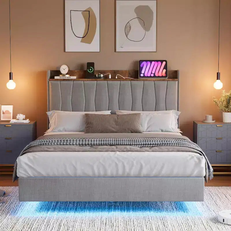 Cadre de lit plateforme en métal avec tête de lit rembourrée, lumières LED et station de charge