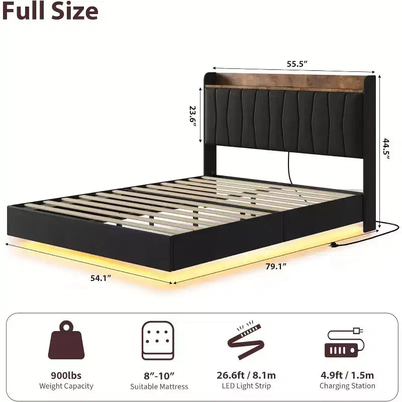 Cadre de lit plateforme en métal avec tête de lit rembourrée, lumières LED et station de charge