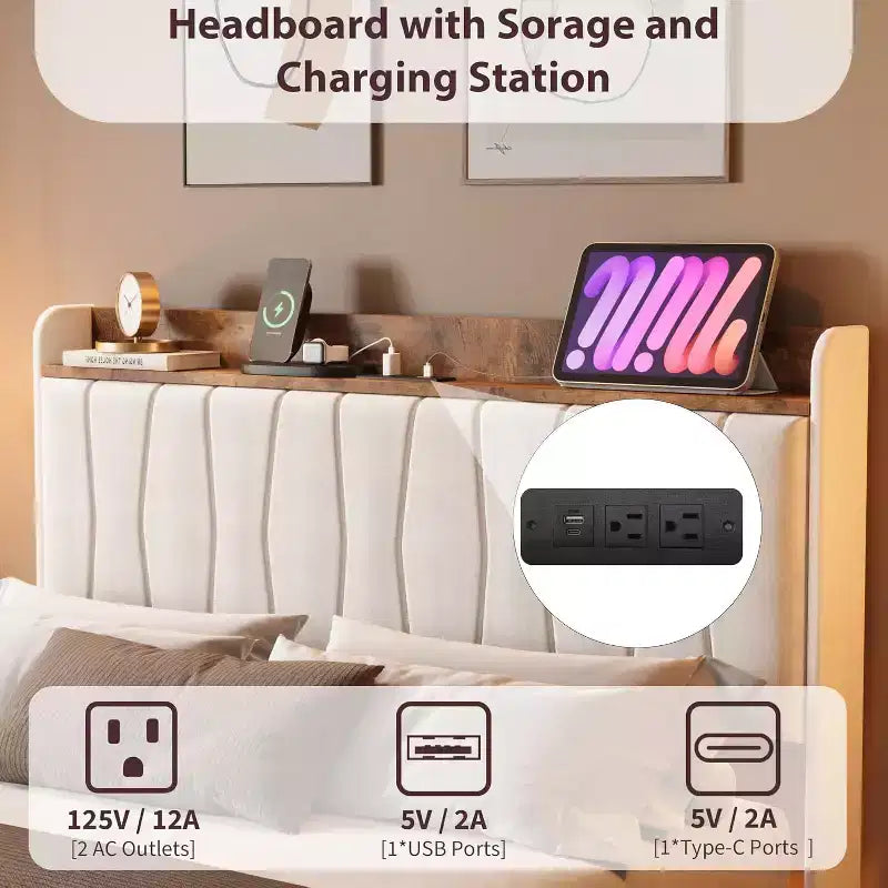 Cadre de lit plateforme en métal avec tête de lit rembourrée, lumières LED et station de charge
