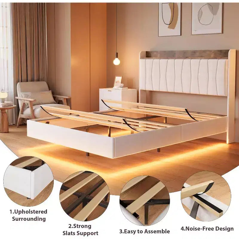 Cadre de lit plateforme en métal avec tête de lit rembourrée, lumières LED et station de charge