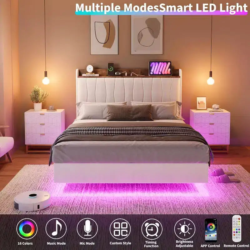 Cadre de lit plateforme en métal avec tête de lit rembourrée, lumières LED et station de charge