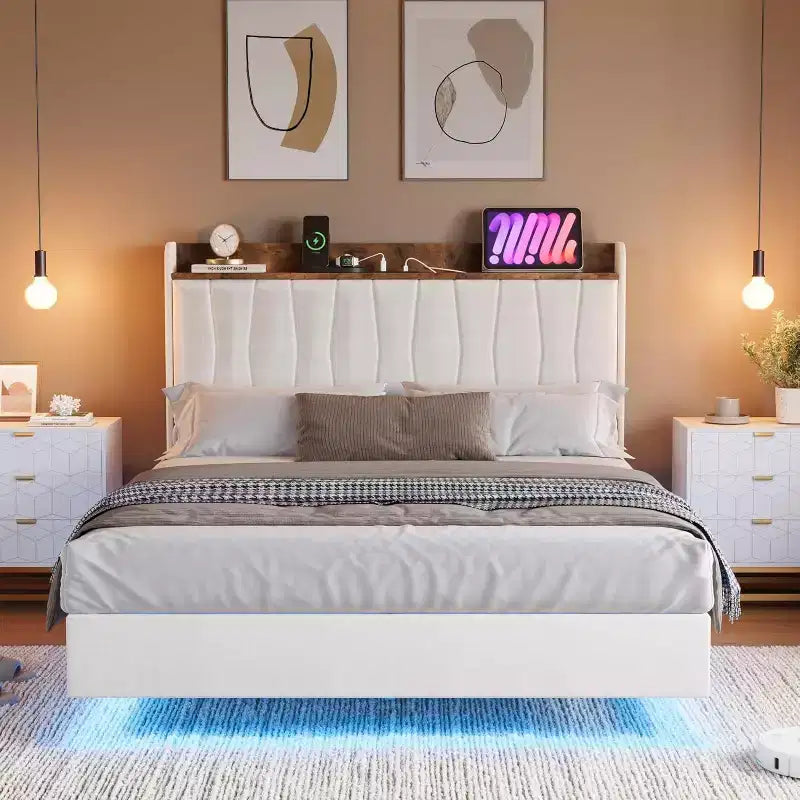 Cadre de lit plateforme en métal avec tête de lit rembourrée, lumières LED et station de charge