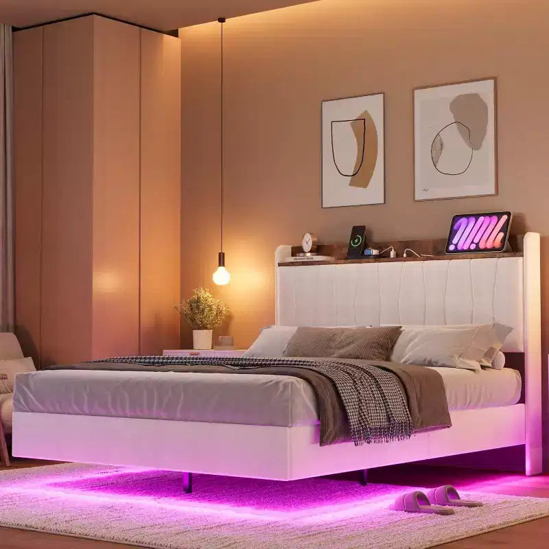 Cadre de lit plateforme en métal avec tête de lit rembourrée, lumières LED et station de charge