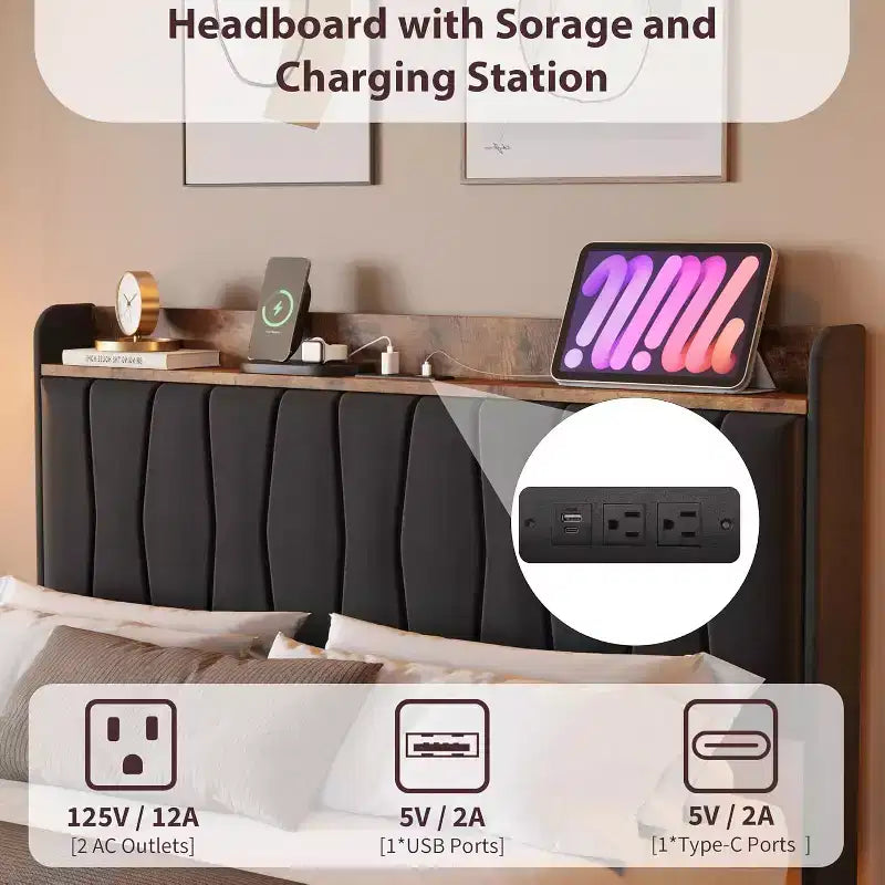 Cadre de lit plateforme en métal avec tête de lit rembourrée, lumières LED et station de charge