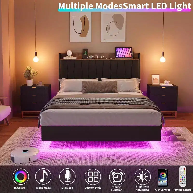 Cadre de lit plateforme en métal avec tête de lit rembourrée, lumières LED et station de charge
