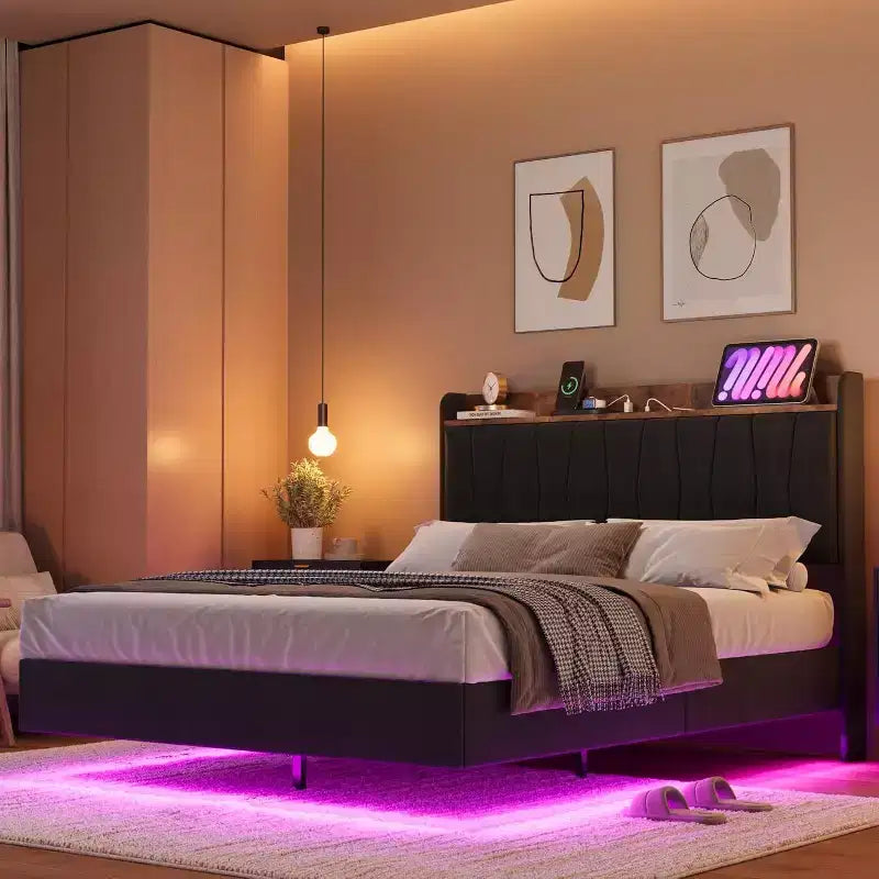 Cadre de lit plateforme en métal avec tête de lit rembourrée, lumières LED et station de charge