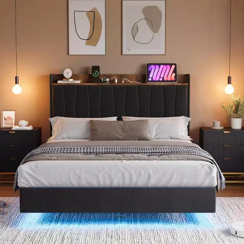 Cadre de lit plateforme en métal avec tête de lit rembourrée, lumières LED et station de charge