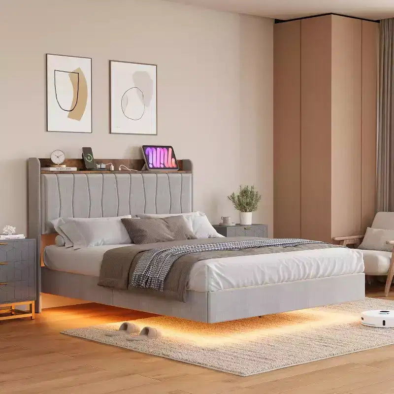 Cadre de lit plateforme en métal avec tête de lit rembourrée, lumières LED et station de charge