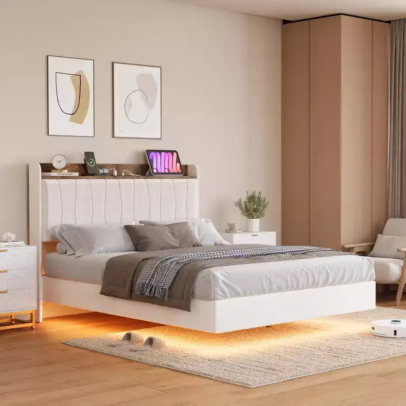 Cadre de lit plateforme en métal avec tête de lit rembourrée, lumières LED et station de charge