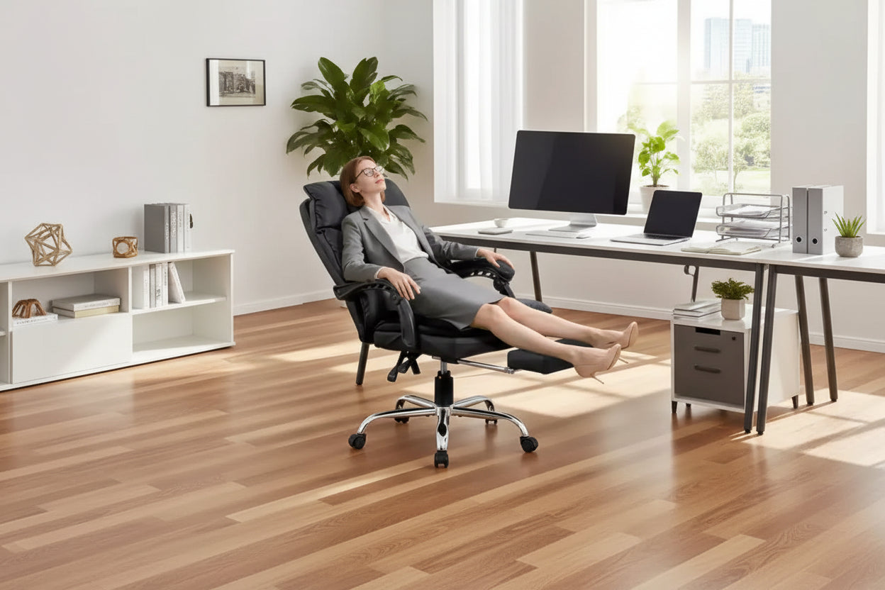 Chaise de bureau en métal et similicuir avec appuie-tête et support lombaire réglables