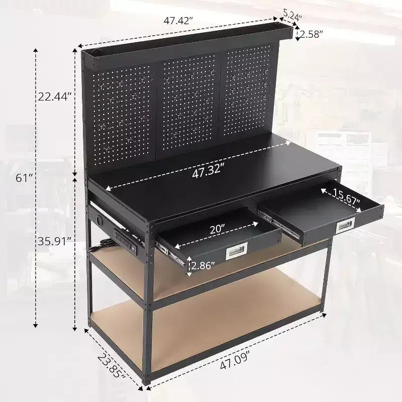 Établi réglable 48" en acier et hévéa avec panneau perforé et prises électriques