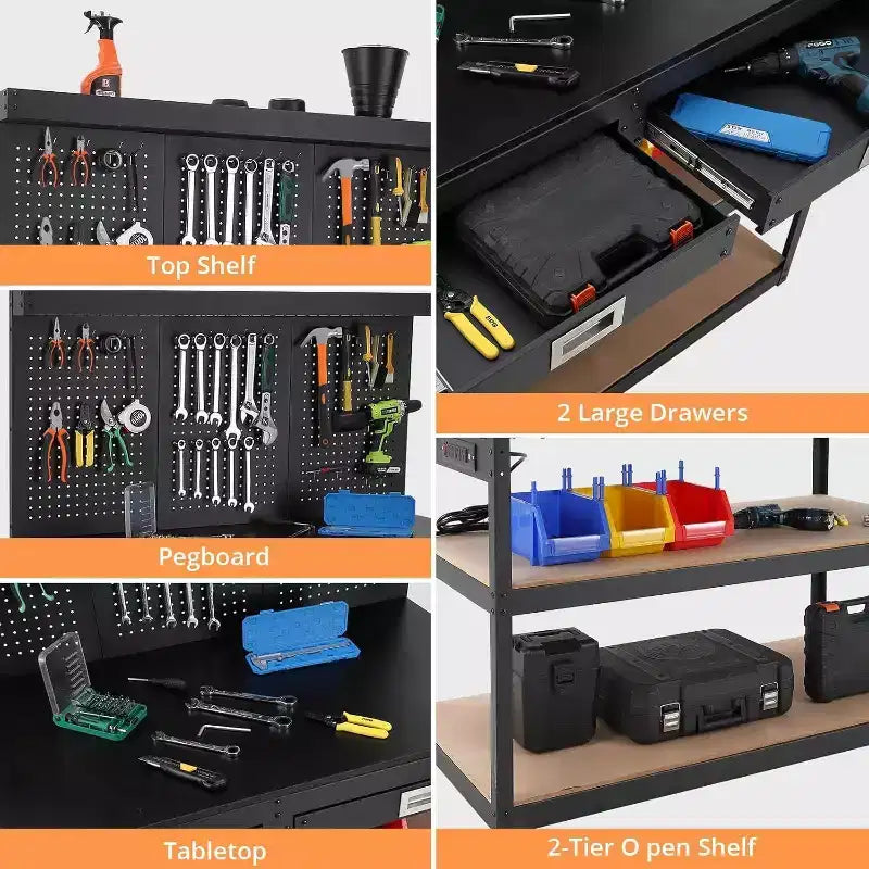 Établi réglable 48" en acier et hévéa avec panneau perforé et prises électriques