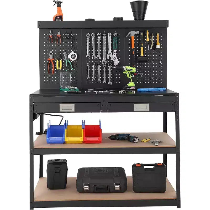 Établi réglable 48" en acier et hévéa avec panneau perforé et prises électriques