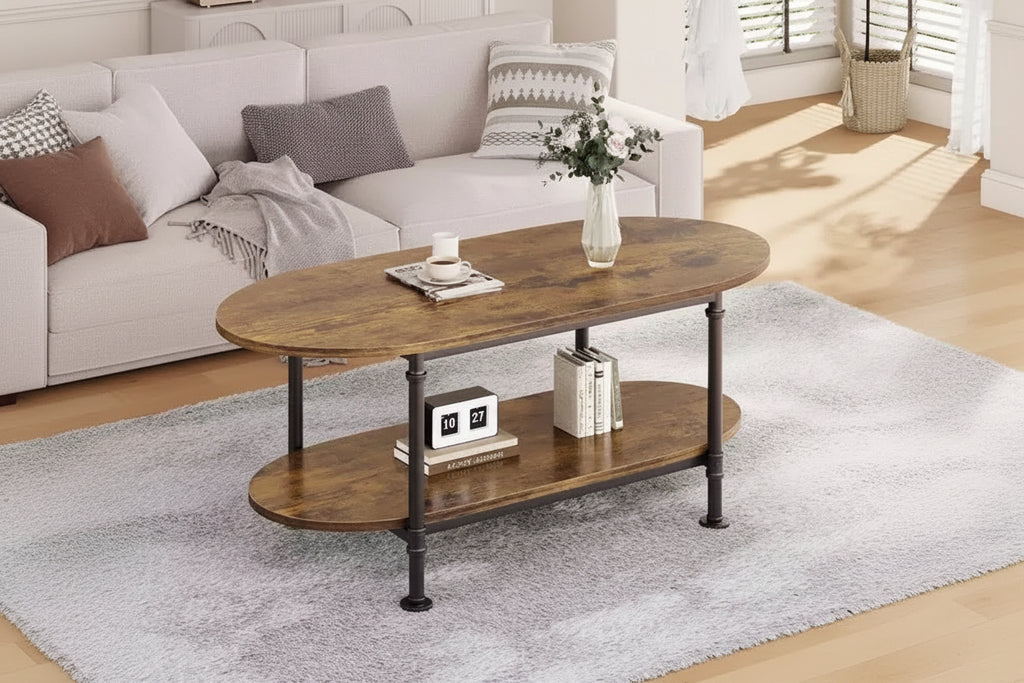Industrial Coffee Table, 47.2 Inch Oval 2-Tier Center Table with Metal Frame & Open Storage, Modern Farmhouse Design for Living Room