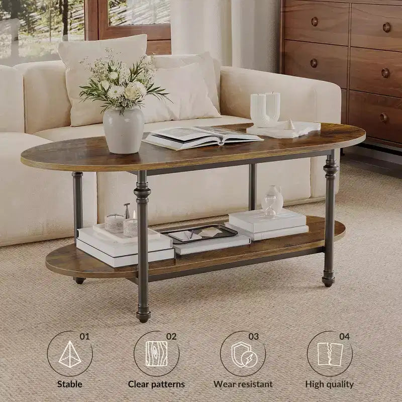 Table basse ovale à 2 niveaux en acier et bois 120 cm