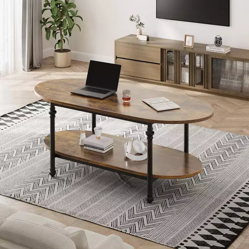 Table basse ovale à 2 niveaux en acier et bois 120 cm