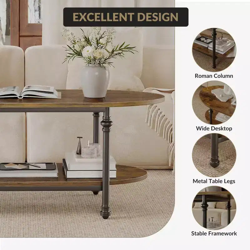 Table basse ovale à 2 niveaux en acier et bois 120 cm