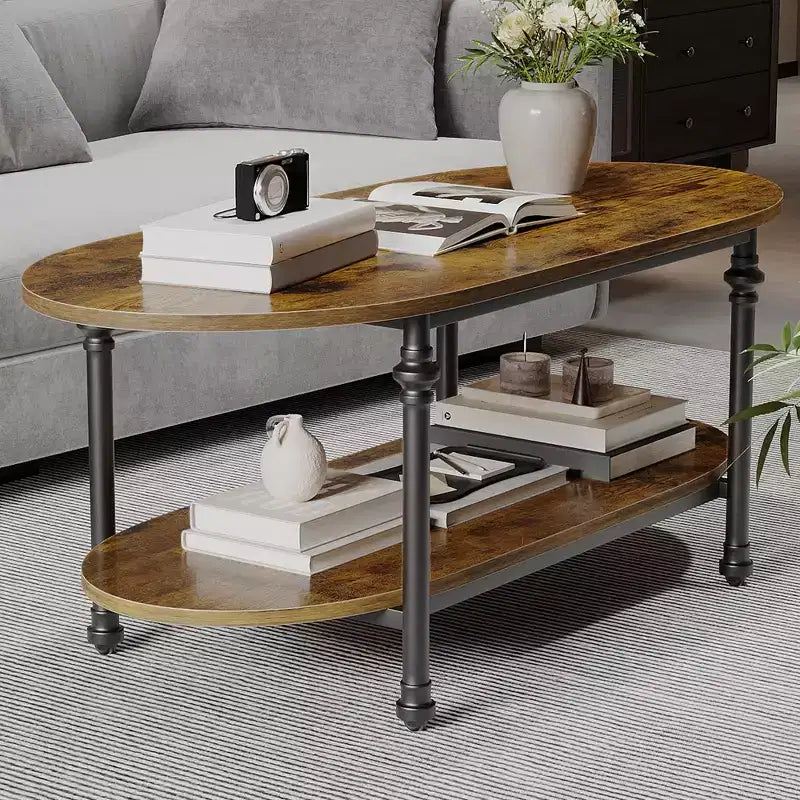 Table basse ovale à 2 niveaux en acier et bois 120 cm