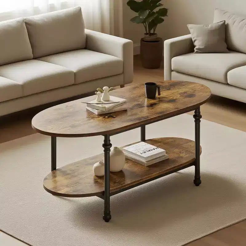 Table basse ovale à 2 niveaux en acier et bois 120 cm