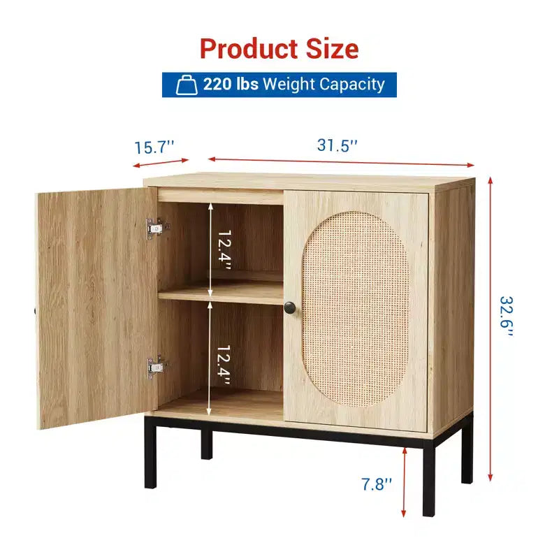 Buffet en rotin et bois massif de 80 cm avec étagères réglables et 2 portes