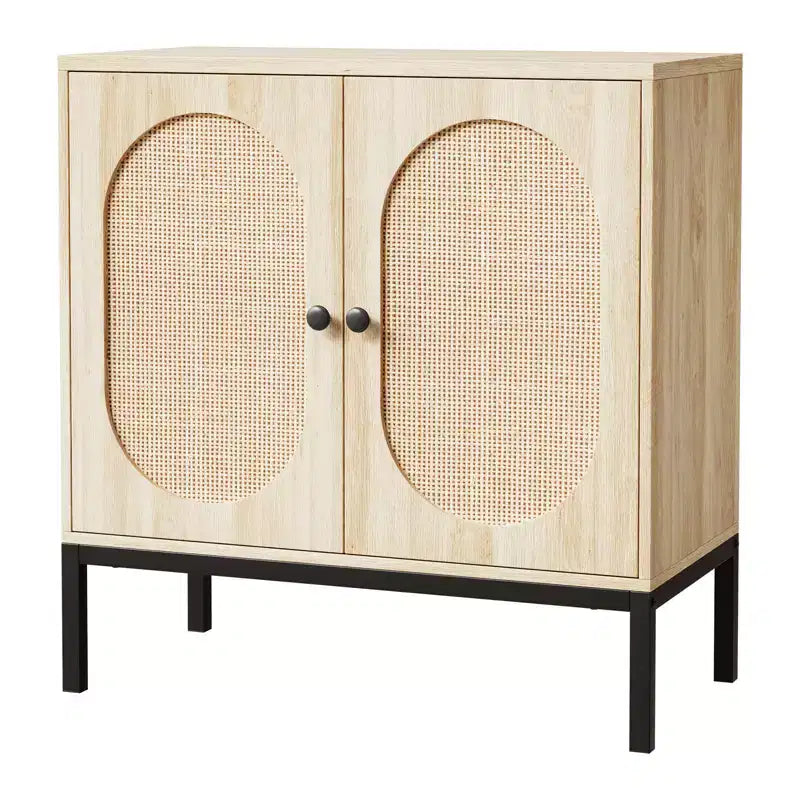 Buffet en rotin et bois massif de 80 cm avec étagères réglables et 2 portes
