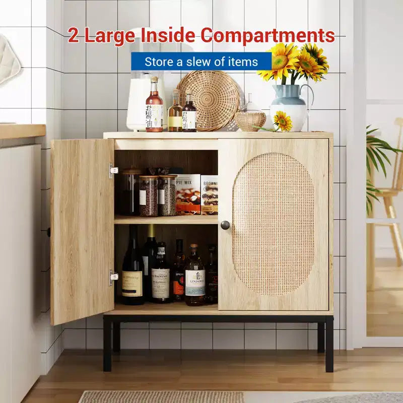 Buffet en rotin et bois massif de 80 cm avec étagères réglables et 2 portes
