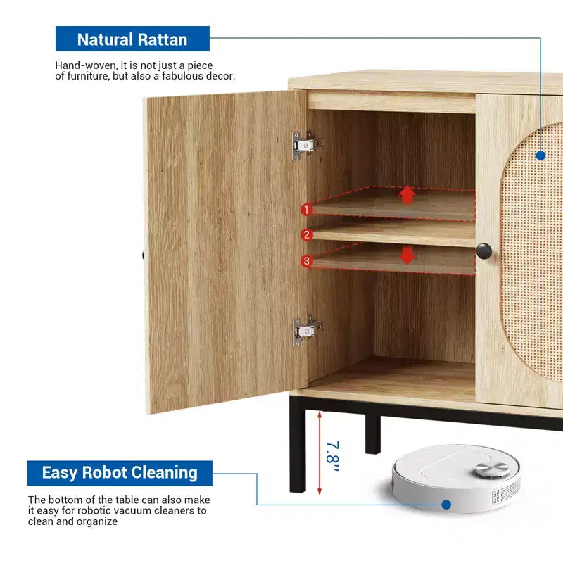 Buffet en rotin et bois massif de 80 cm avec étagères réglables et 2 portes
