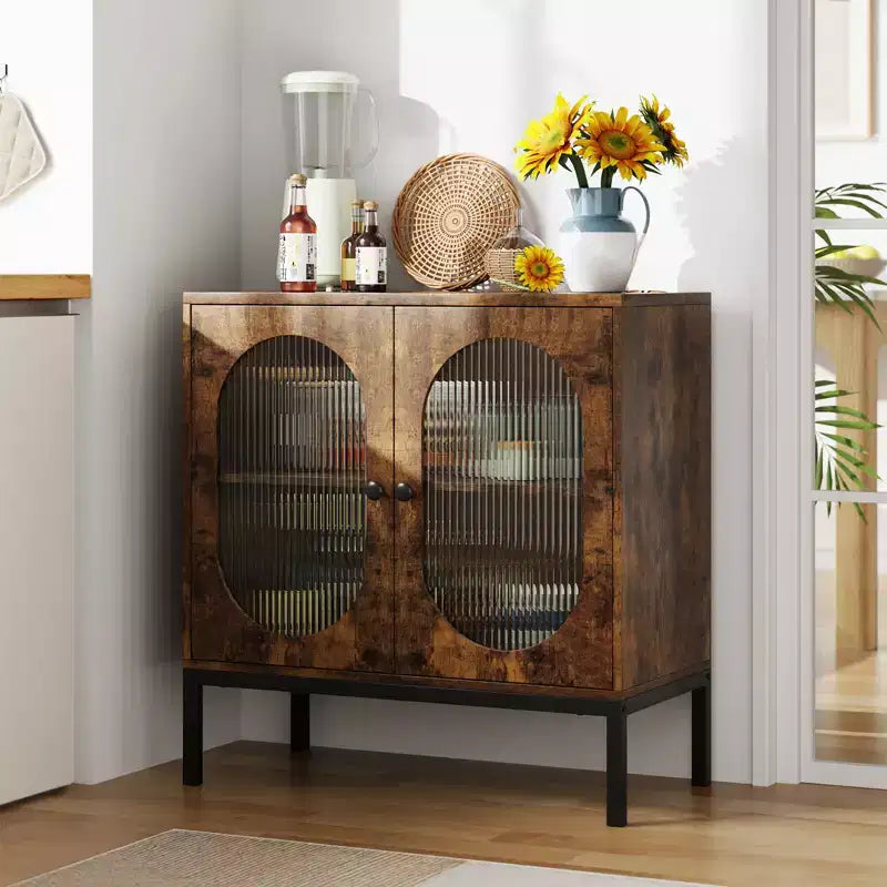 Buffet en rotin et bois massif de 80 cm avec étagères réglables et 2 portes