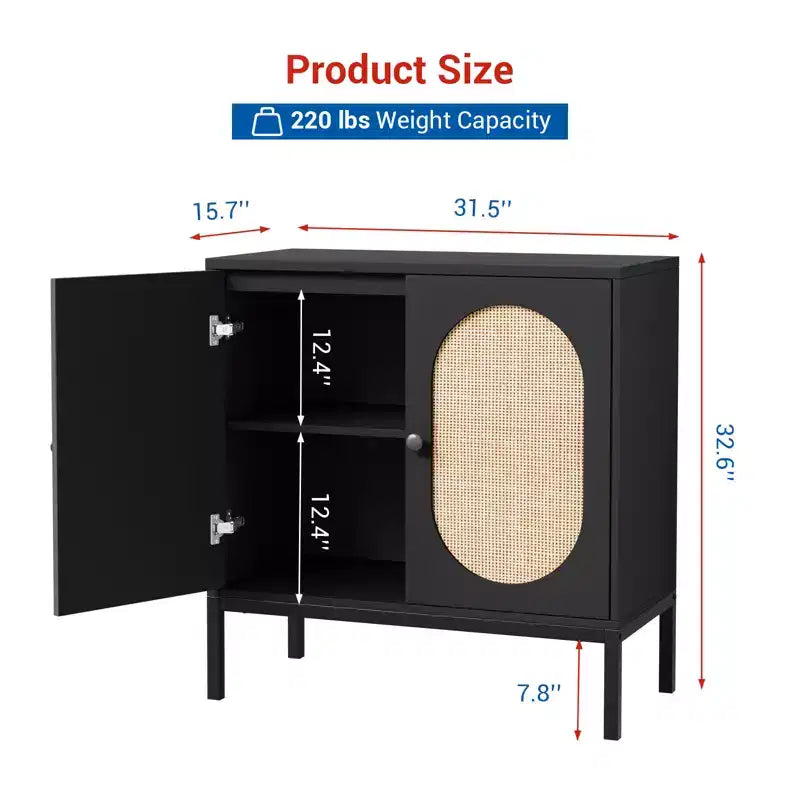 Buffet en rotin et bois massif de 80 cm avec étagères réglables et 2 portes